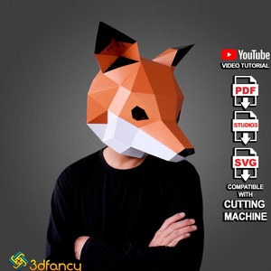 Fox Masker Papercraft PDF SVG Sjabloon, DIY Afdrukbare Dier Masker, Instant Pdf Download, Lage Poly Maskers, 3D Fox masker cricut