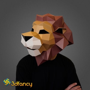 Artisanat en papier masque de lion | Masque en papier bricolage, SVG 3D, Silhouette Studio, modèle imprimable PDF, masque 3D Lion, polygone, Low Poly, motif géométrique