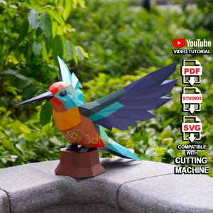 Colibri low poly papercraft PDF, modèle SVG pour créer des colibris 3D pour décoration de chambre (70 cm-27,56 pouces) Sculpture en papier colibri