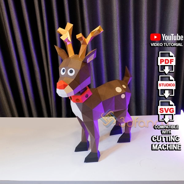 Rennes Papercraft 3D Rudolph Paper Craft PDF, SVG Template, Low poly paper sculpture DIY noël animaux polygonaux modèle cerf