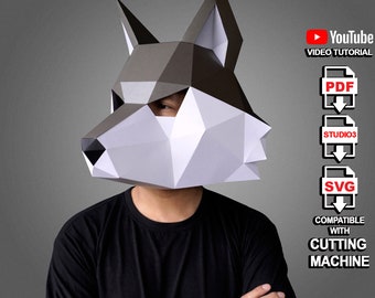 Wolf Mask Papercraft PDF, szablon SVG, maska Low Poly, maska papierowa 3D, szablon maski papierowej, maska zwierzęca Halloween, 3D Halloween maska DIY Kit