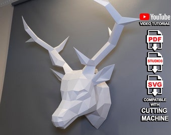 Papercraft Deer Head PDF, SVG Template For DIY Deer Head Trophy for Wall Decoration, Low poly Deer Head Paper Model, Sculpture Animal Head