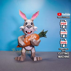 Easter Bunny Standing Holding Carrot 3D Papercraft SVG, Studio, PDF Template - DIY Paper Craft Easter Bunny Low Poly, Cute Rabbit Hug Carrot
