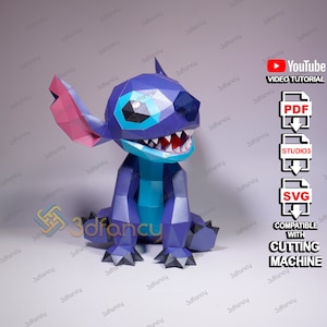 Papercraft Stitch Sit PDF, modelli SVG per progetti Cricut, Stitch Low Poly, modello di carta per scultura 3D Stitch SVG