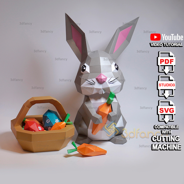 Bunny Easter Papercraft PDF, SVG Template Creating Low poly 3D Rabbit and Easter egg for home decor, DIY 3d Easter bunny origami by 3dfancy