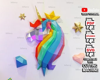 Rainbow Unicorn Papercraft PDF, plantilla SVG para Cricut, Cameo 4, regalo de bricolaje para hija, decoración de la habitación de los niños, papel polivinílico bajo, arte de papel