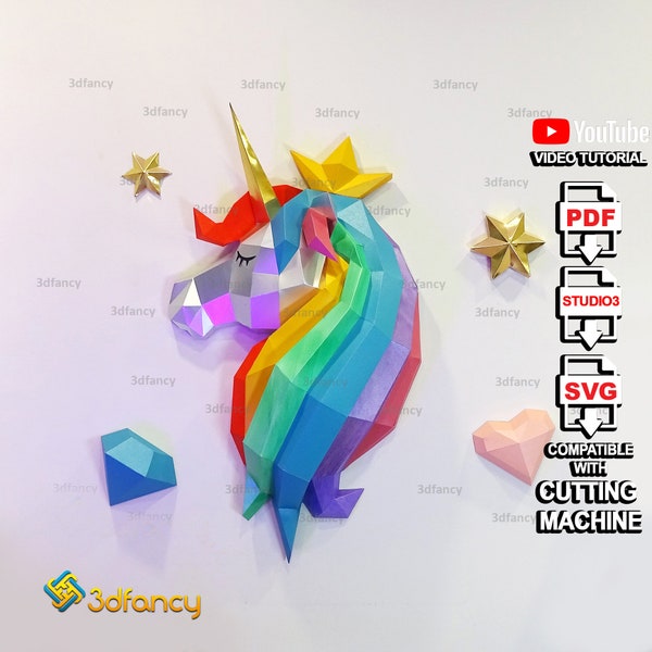 Regenbogen Einhorn Papercraft PDF, SVG Vorlage Für Cricut, Cameo 4, DIY Geschenk für Tochter, Kinderzimmer Dekor, Low Poly Papier, Papier Handwerk