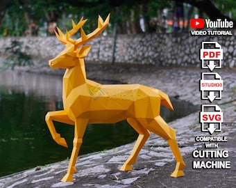 Raised Leg Deer Papercraft Template – PDF SVG Studio Files – DIY Low Poly Deer Model for Christmas Decoration, Geometric Deer Sculpture