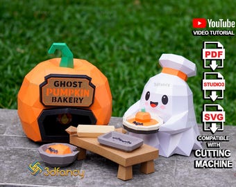 Chef Ghost Bakery Papercraft SVG Templates | Pumpkin Oven 3D Halloween Decor for Cricut