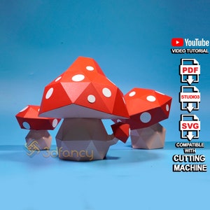 Paddenstoelen 3D Papercraft PDF, SVG Sjabloon voor DIY Lage poly Mushroom Paper, svg voor Cricut, Cameo4, Printer Origami, Papier Model