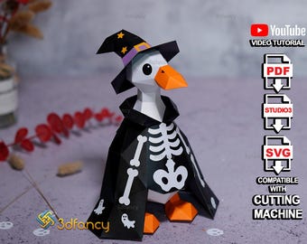 Halloween Goose Papercraft SVG PDF | Spooky Skeleton Witch Decor, Low Poly Cricut Template