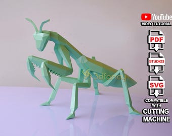 3D Mantis Papercraft SVG PDF Template – DIY Home Decor, Cardstock Model for Cricut or Silhouette, Mantis Paper Sculpture