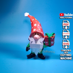 Gnome Papercraft 3D PDF, modèles SVG pour projets Cricut - DIY Low Poly Gnome et nain de Noël 3D pour décorations de Noël