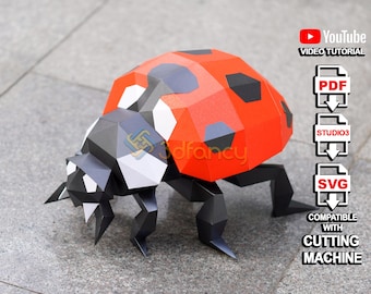 3D Ladybug Papercraft SVG PDF – DIY Insect Model for Kids, Low Poly Template for Cricut & Silhouette, Ladybug Room Decor Gift