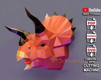 Triceratops Head Papercraft, PDF, SVG templates, Paper Trophy, 3D Papercraft, Animal Head, Diy Wall Decor, 3D Wall Art, Low Poly Paper