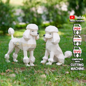 Ensemble de 2 PDF papercraft caniche, modèles SVG pour projets Cricut, bricolage caniche assis low poly, papier cartonné 3D Svg, modèle en papier de sculpture de chien