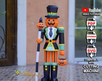 Pumpkin Nutcracker Papercraft SVG PDF Template | 3D Low Poly Halloween Decoration DIY Paper Sculpture