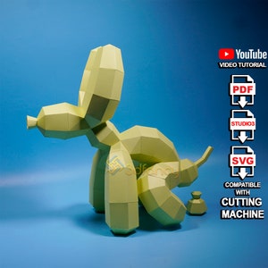 Papercraft Pooping Ballon Hund PDF, SVG-Vorlage zum Erstellen von 3D-Ballonhund für Raumdekor, Diy Craft Kit Low-Poly-Ballonhund