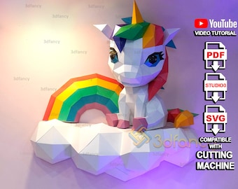 Papercraft 3D Unicorn On Clouds & Rainbow PDF,SVG Template For DIY Unicorn Children&#39;s Room Decor, Diy gift for daughter, Low poly Unicorn