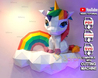 Papercraft Licorne 3D sur les nuages et l'arc-en-ciel PDF, modèle SVG pour décoration de chambre d'enfant Licorne bricolage, cadeau de bricolage pour fille, Licorne Low poly