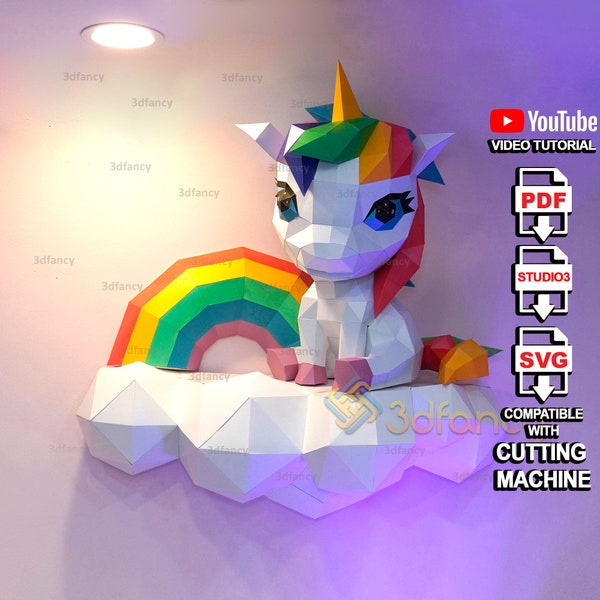 Papercraft 3D Einhorn auf Wolken & Regenbogen PDF, SVG Vorlage für DIY Einhorn Kinderzimmer Dekor, Diy Geschenk für Tochter, Low Poly Einhorn