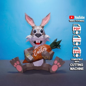 Papercraft Easter Bunny Sitting SVG, Studio, PDF Template - DIY Cute Rabbit Hug Carrot Paper Craft - 3D Cute Rabbit Low Poly Easter Decor