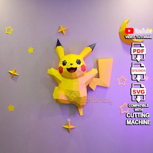 DIY Papercraft-pdf, SVG-sjabloon voor het maken van 3D Pikachu-muurhanger voor kinderkamerdecoratie, Diy Low Poly Pokemon 3D Papercraft