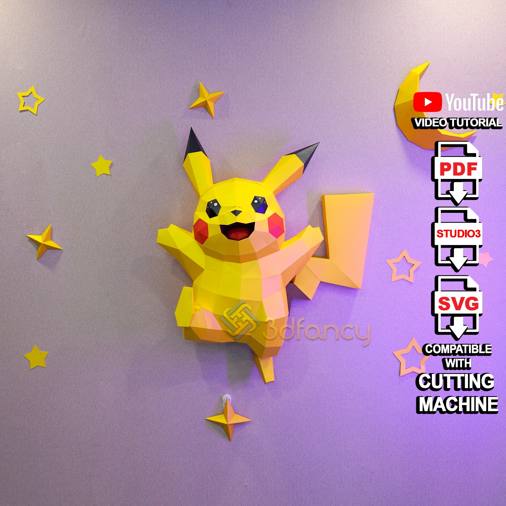 DIY Papercraft PDF SVG Template Pour Créer 3D Pikachu Wall France ...