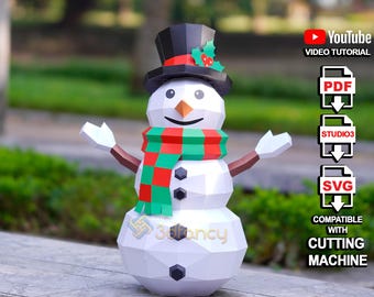 Low Poly Snowman Papercraft Template – 3D Christmas Decoration 2025 | DIY Paper Sculpture Ornament | SVG for Cricut | Printable PDF Files