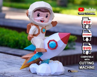 Rocket Astronaut Papercraft Template – PDF SVG Studio Files – DIY Low Poly Paper Model for Kids Gift or Room Decor