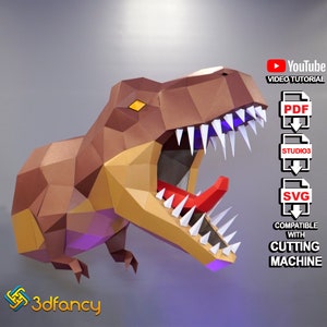 T-rex Head Papercraft, PDF, SVG templates, Paper Trophy, 3D Papercraft, Animal Head, Diy Wall Decor, 3D Wall Art, Low Poly Paper