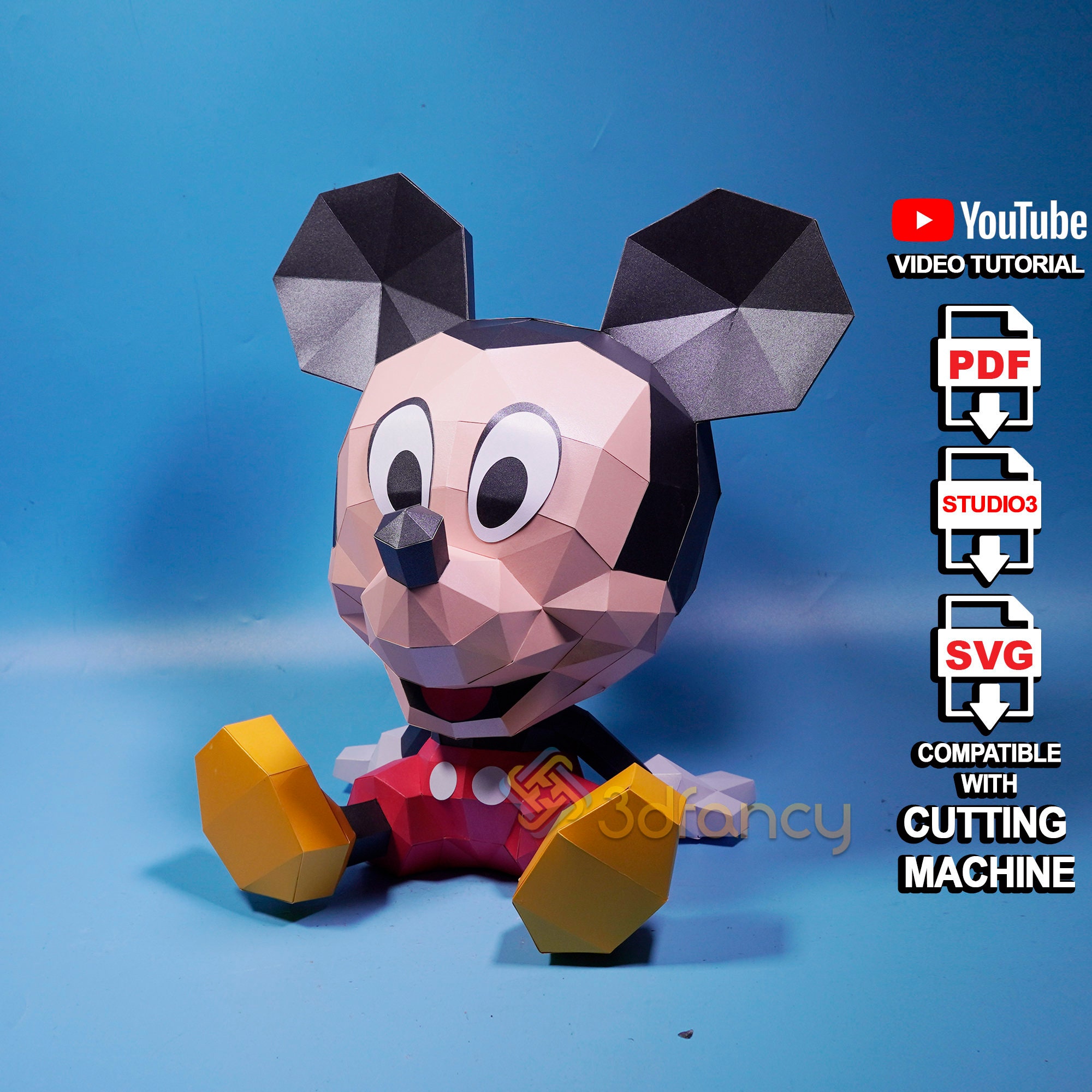 Cute Mickey Mouse Papercraft PDF, SVG Template for DIY Low poly Mickey Mouse Paper, svg for Cricut, Cameo4, Printer Origami, Paper Model