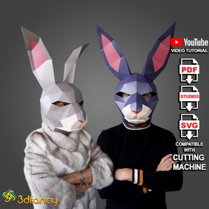 Coniglio Papercraft Maschera PDF, SVG Modello per progetti cricut Fai da te 3D Maschera Modello Costume Maschera animale Halloween, Low Poly Poly Maschere poligonali 3D