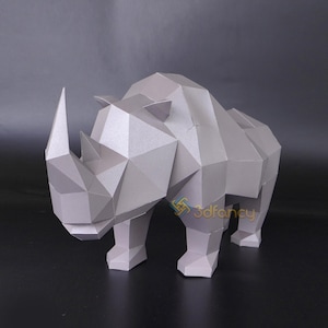 Manualidad de papel de rinoceronte, plantilla digital, manualidad de papel de rinoceronte en 3D de baja poli, descarga en PDF DIY, modelo de rinoceronte de 3D Fancy