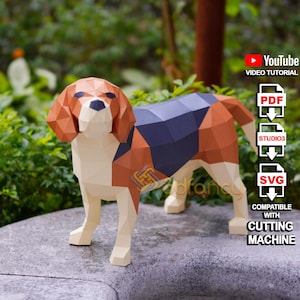 3D Beagle Dog Papercraft Svg | Low Poly Beagle Dog PDF, SVG, modèle de Studio pour cadeaux de bricolage et décoration de chambre, sculpture de chien, modèle en papier, origami