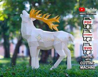 Howling Deer Papercraft 3D Template – Low Poly Deer SVG PDF, DIY Paper Sculpture for Home Decor, Cardstock Gift Model