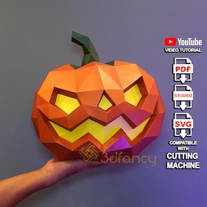 Pumpkin Papercraft PDF, SVG, modello Silhouette Studio per la creazione di zucca di Halloween 3D, decorazioni di Halloween low poly fai da te o regali di Halloween