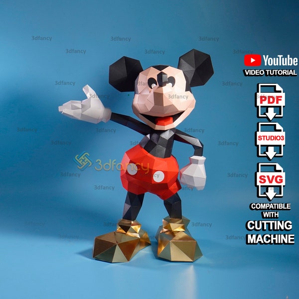 Mickey Mouse Papercraft PDF, SVG Template for DIY Low poly Mickey Mouse Paper, svg for Cricut, Cameo4, Printer Origami, Paper Model