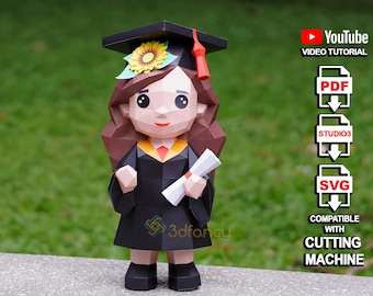 Graduation Gift DIY – 3D Girl Papercraft Template SVG PDF for Cricut Silhouette and Printer | Female Graduate Paper Sculpture