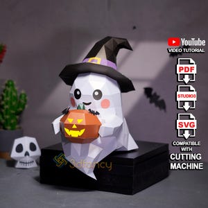 Papercraft-sjabloon Happy Ghost met pompoen – schattig Halloween-pdf-SVG-bestand, doe-het-zelf papieren sculptuur voor decor of cadeau