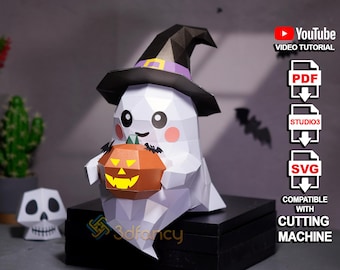 Happy Ghost with Pumpkin Papercraft Template – Cute Halloween PDF SVG File, DIY Paper Sculpture for Decor or Gift