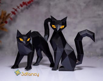 Set of 2 Black Cat Papercraft SVG PDF Templates | 3D Low Poly Cat Sculptures, DIY Halloween Paper Decor for Cricut