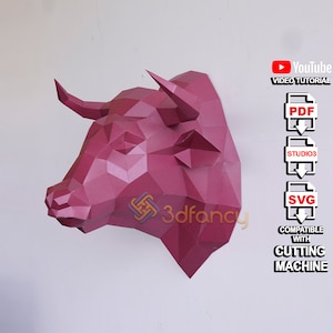 Papercraft Bull Head PDF, SVG Template For DIY Bull Head Trophy for Wall Decoration, Low poly Bull Head Paper Model, Sculpture Animal Head