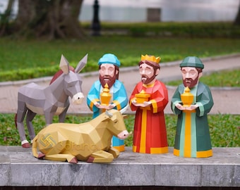 Pack 5 Nativity Companion Characters SVG PDF | Wise Man, Donkey, Ox Papercraft | DIY Christmas Nativity Scene
