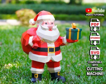 Low Poly Santa Claus with Gift Papercraft Template – 3D Christmas Decoration | DIY Paper Sculpture | SVG for Cricut | Printable PDF Files