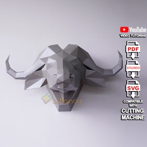 Buffalo African Head PaperCraft PDF, SVG, Studio Template - Low Poly Buffalo Head Trophy, Buffalo Sculpture Wall Decor, 3D Paper Craft svg