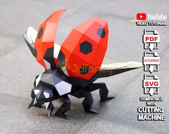 3D Flying Ladybug Papercraft SVG PDF Template – DIY Low Poly Insect Model for Cricut & Silhouette