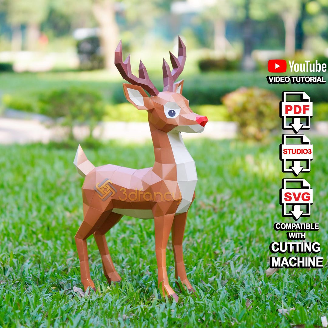 Papercraft Rudolph Reindeer Papercraft Template – 3D Cute Rudolph Christmas Decoration ...