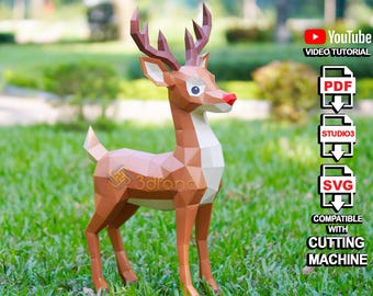 Reindeer Papercraft Template – 3D Cute Rudolph Christmas Decoration 2025 | DIY Paper Model Ornament | SVG for Cricut | Printable PDF Files