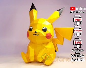 Low poly Pikachu Sit 3D Papercraft PDF, modello SVG per la creazione di Pikachu 3D, Pokemon 3D per l'arredamento della camera dei bambini, regali fai da te per bambini